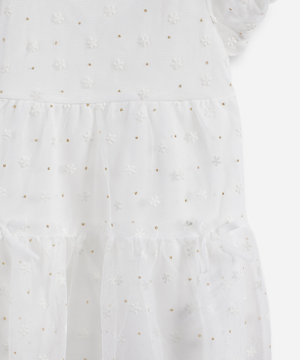 vestido infantil de tule com recortes e brilhos floral off white