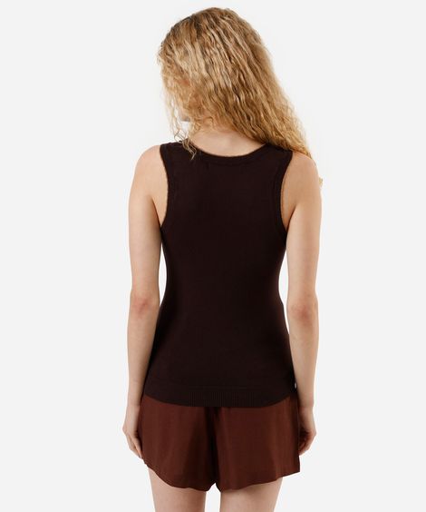 regata feminina de tricot com detalhe marrom
