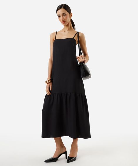 vestido midi feminino de viscose alça fina preto