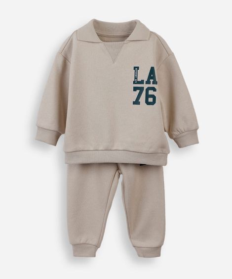 conjunto infantil de moletom com gola polo bege