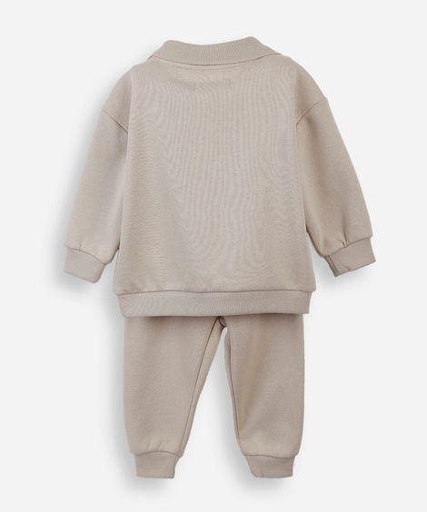 conjunto infantil de moletom com gola polo bege