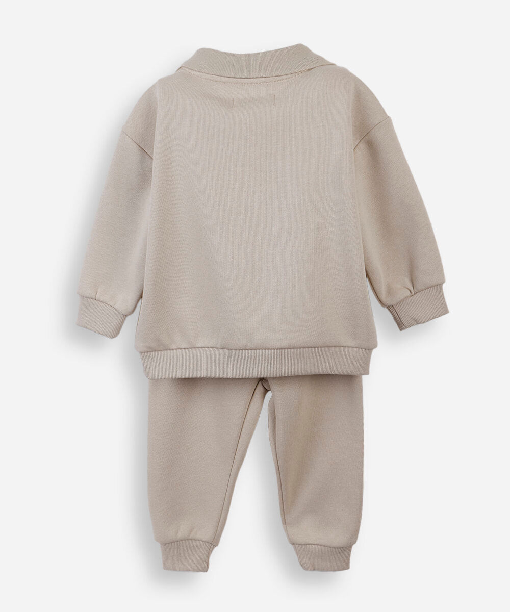 conjunto infantil de moletom com gola polo bege