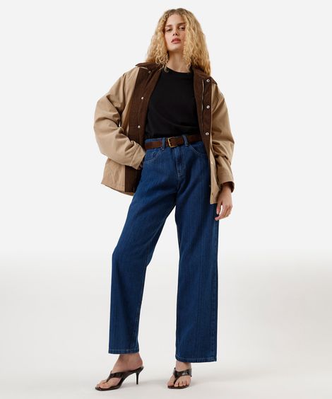 calça wide leg feminina jeans cintura alta listrada azul