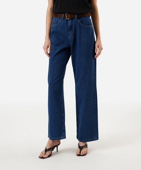 calça wide leg feminina jeans cintura alta listrada azul