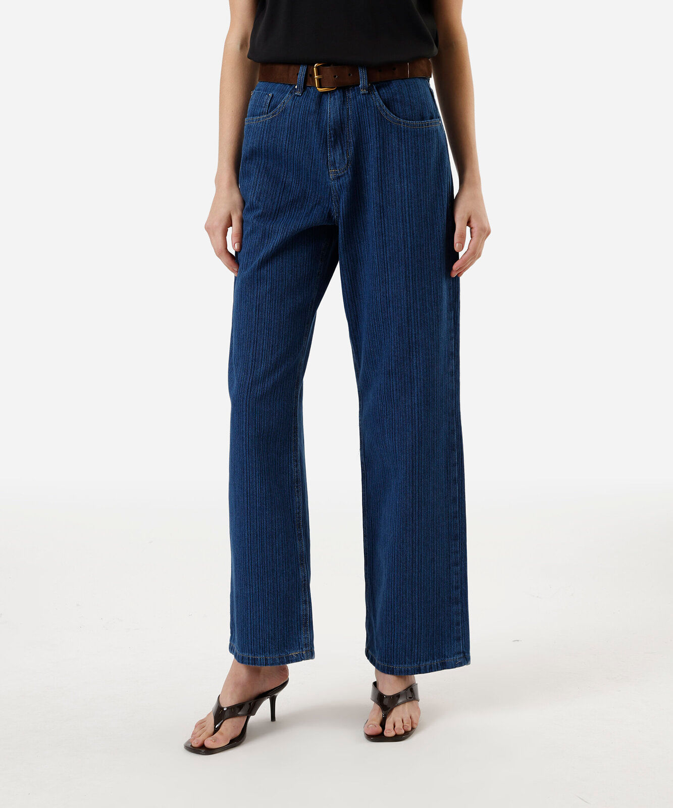 calça wide leg feminina jeans cintura alta listrada azul