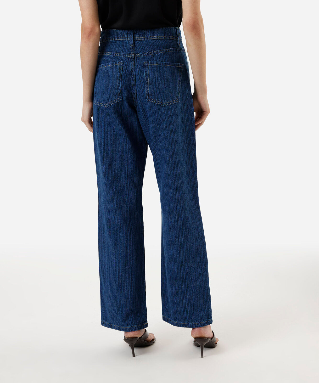 calça wide leg feminina jeans cintura alta listrada azul