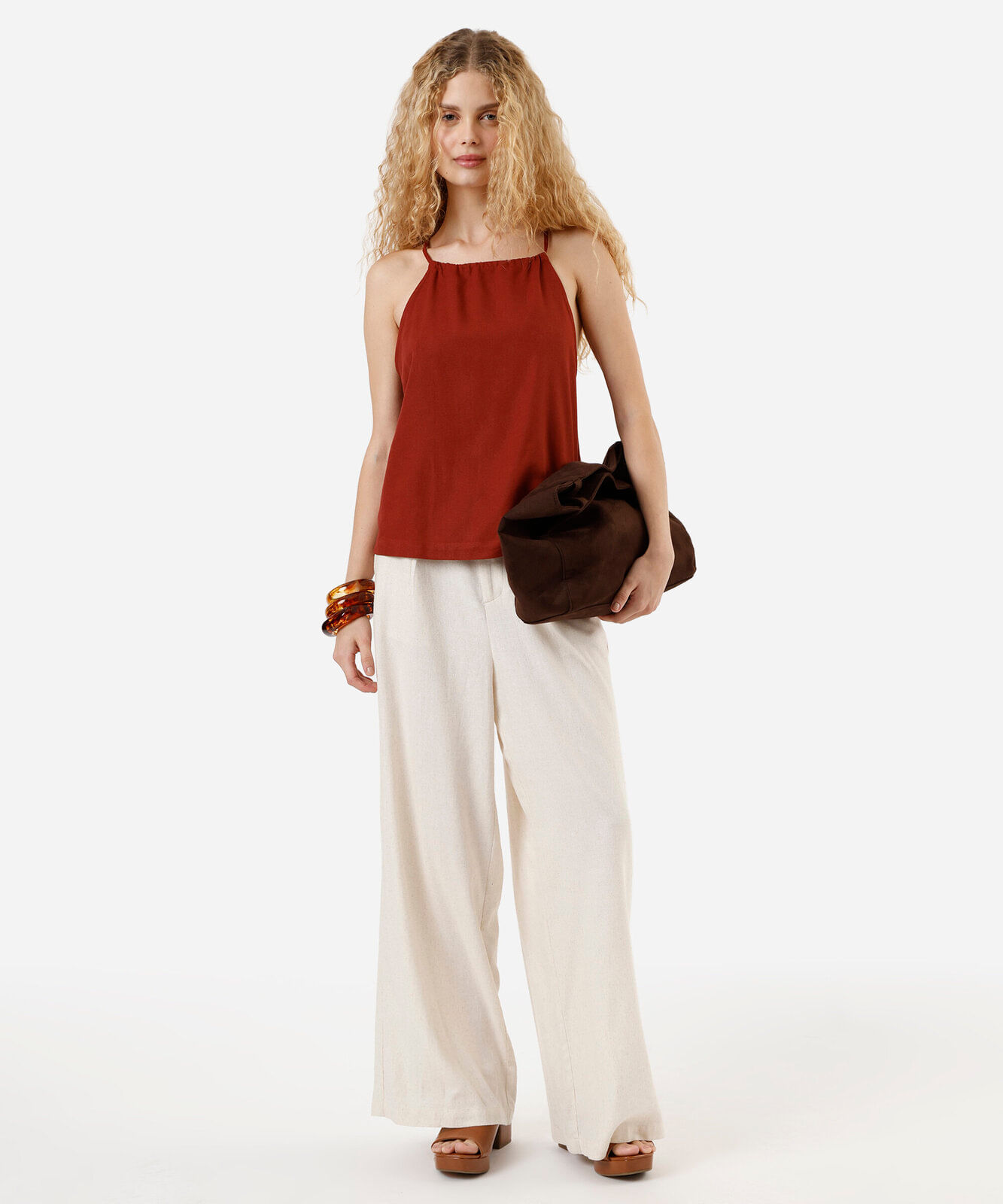 blusa feminina com linho halterneck marrom