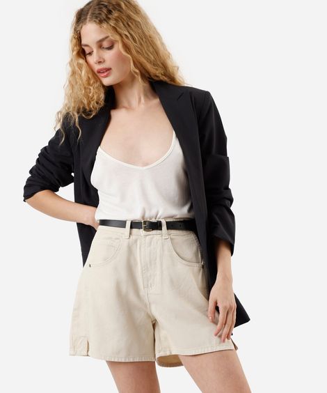 short de sarja feminino com fendas cintura alta bege