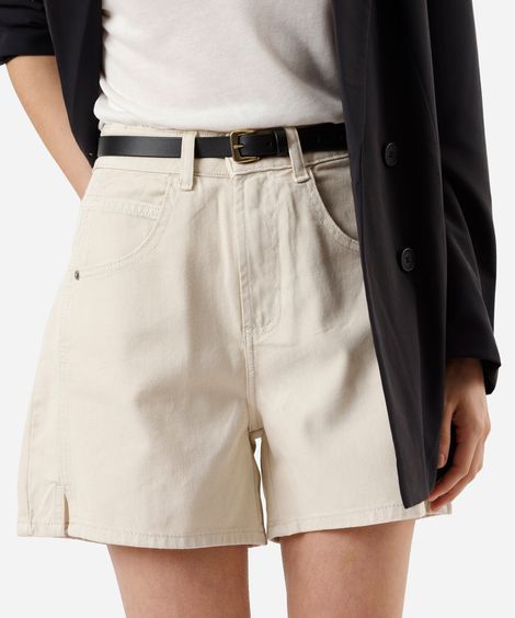 short de sarja feminino com fendas cintura alta bege