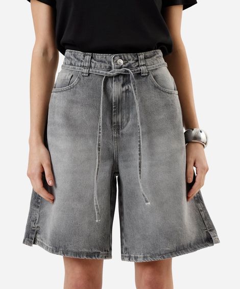 bermuda jorts feminina jeans com cordão cintura média cinza