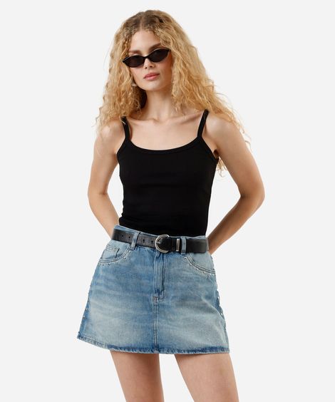 short saia feminino jeans com tachas cintura média azul
