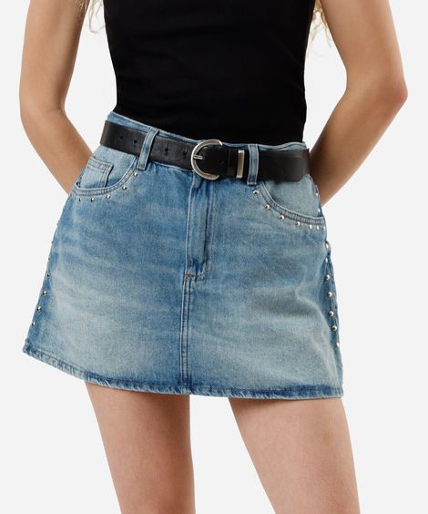 short saia feminino jeans com tachas cintura média azul