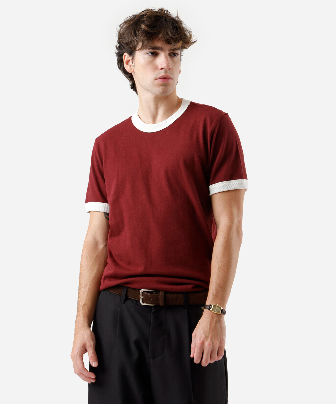 camiseta masculina de algodão bicolor vinho