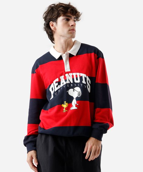 polo masculina de moletom peanuts snoopy manga longa listrada colorido