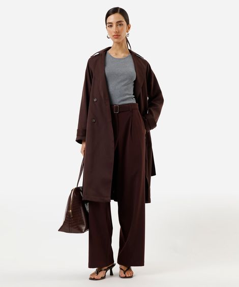 calça wide leg feminina com pregas e cinto marrom