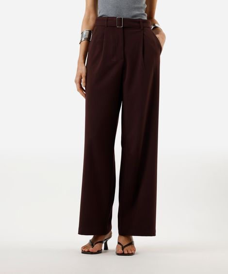 calça wide leg feminina com pregas e cinto marrom