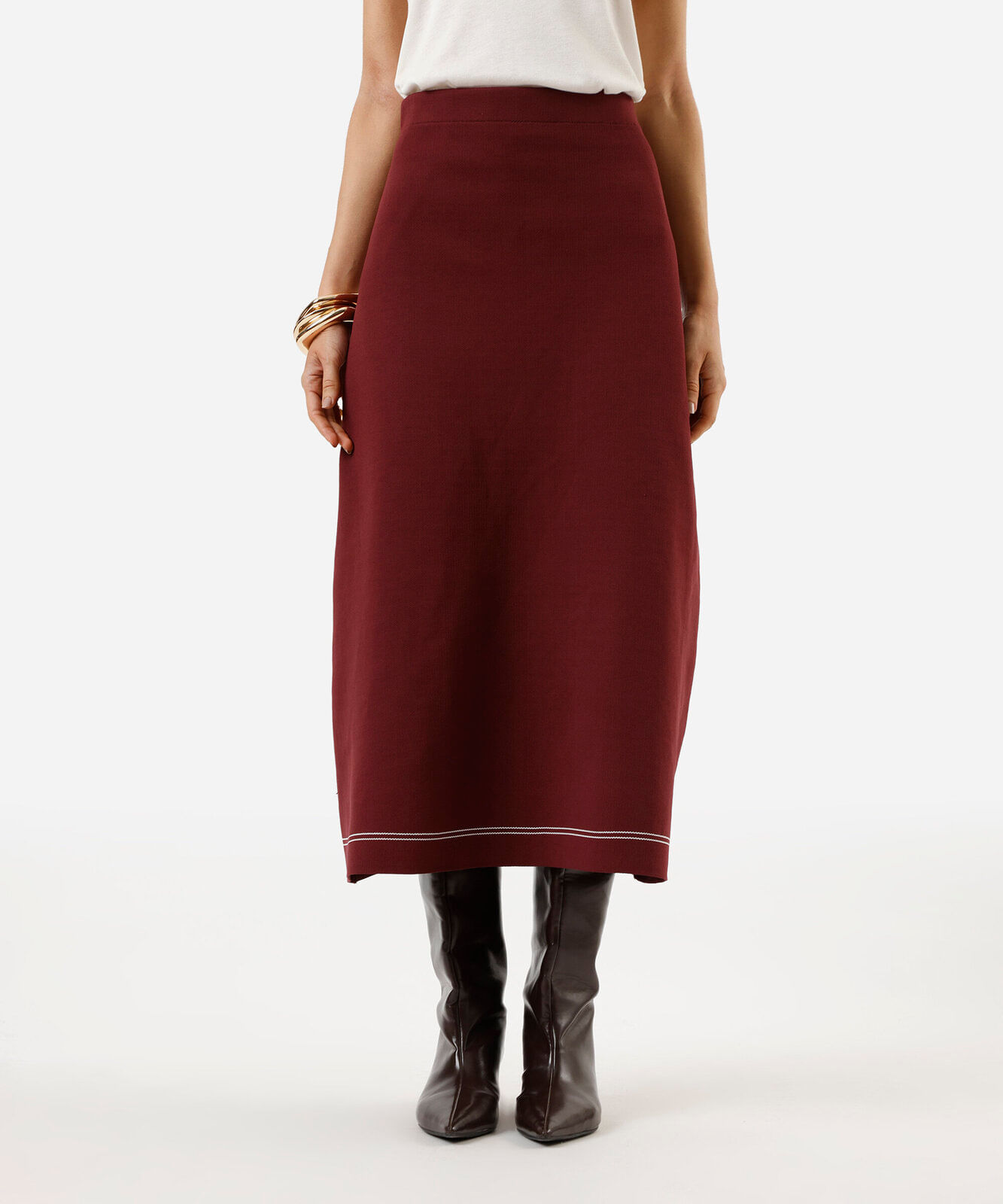 saia midi feminina de tricot com listras vinho