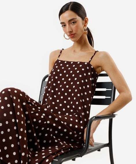 vestido midi alça fina feminino com viscose e recorte poá marrom