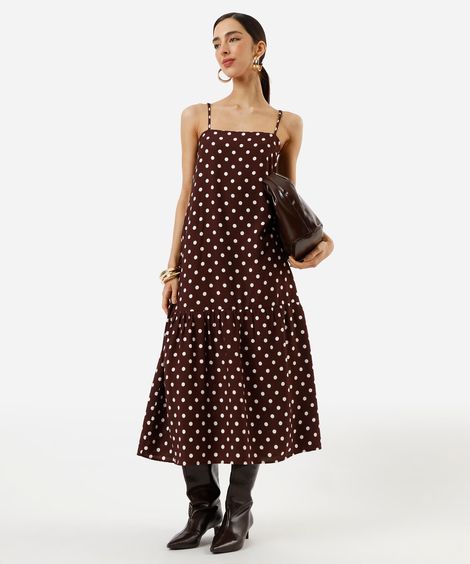 vestido midi alça fina feminino com viscose e recorte poá marrom