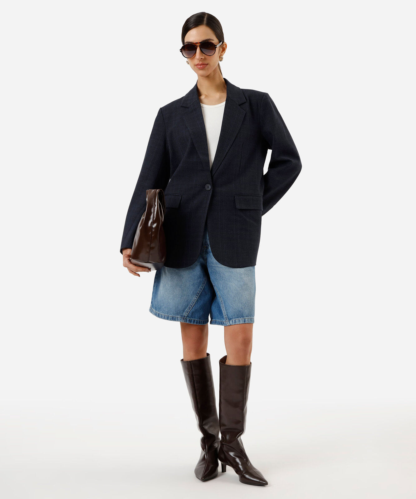 blazer de alfaiataria feminino xadrez azul