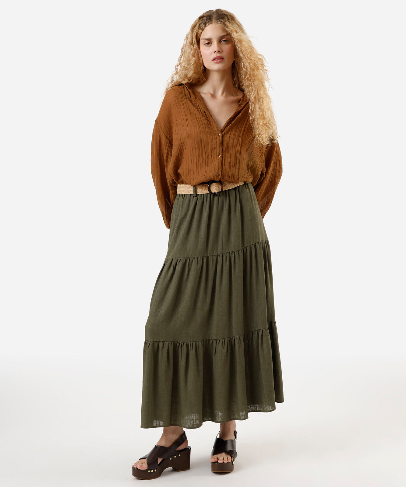 saia feminina midi marias com cinto verde