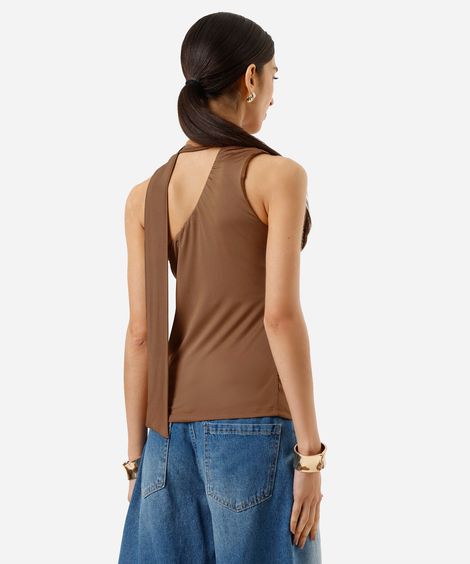 blusa ombro único feminina franzida com amarração marrom