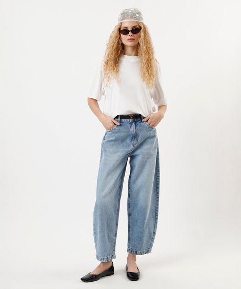calça balloon feminina jeans cintura média azul