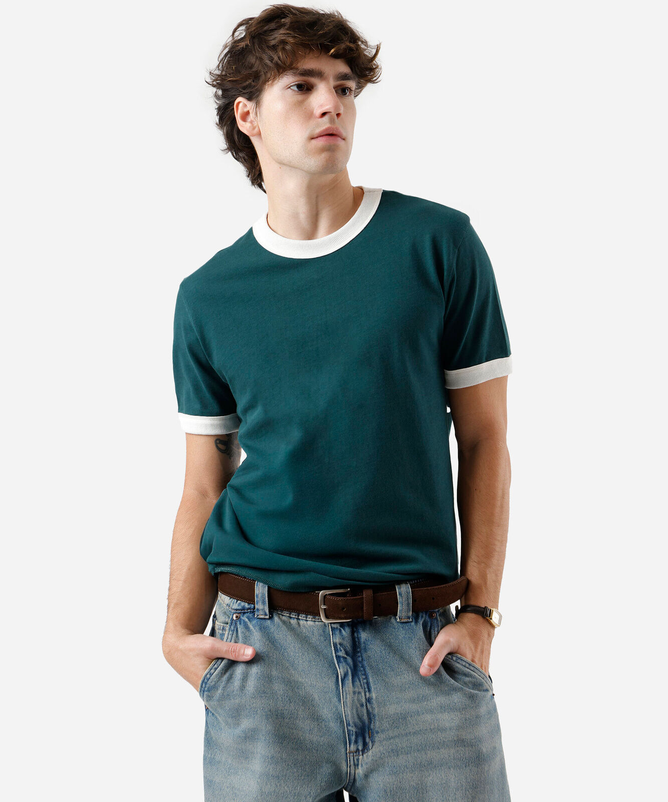camiseta masculina de algodão bicolor verde
