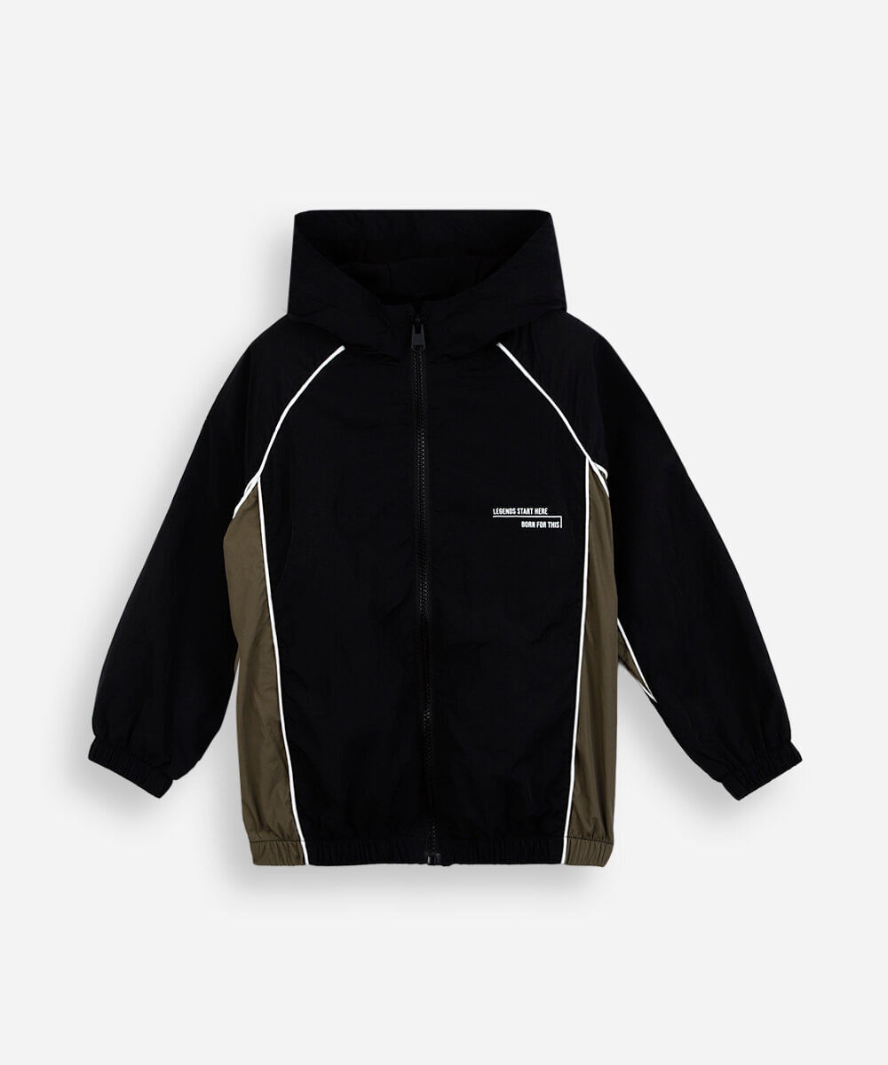 jaqueta corta vento infantil com capuz e recortes preta