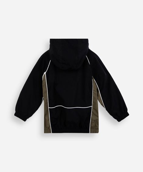 jaqueta corta vento infantil com capuz e recortes preta