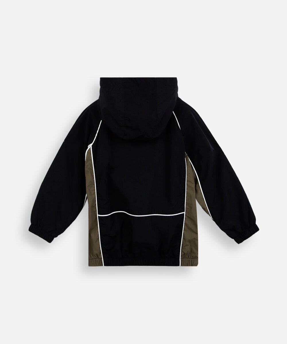 jaqueta corta vento infantil com capuz e recortes preta