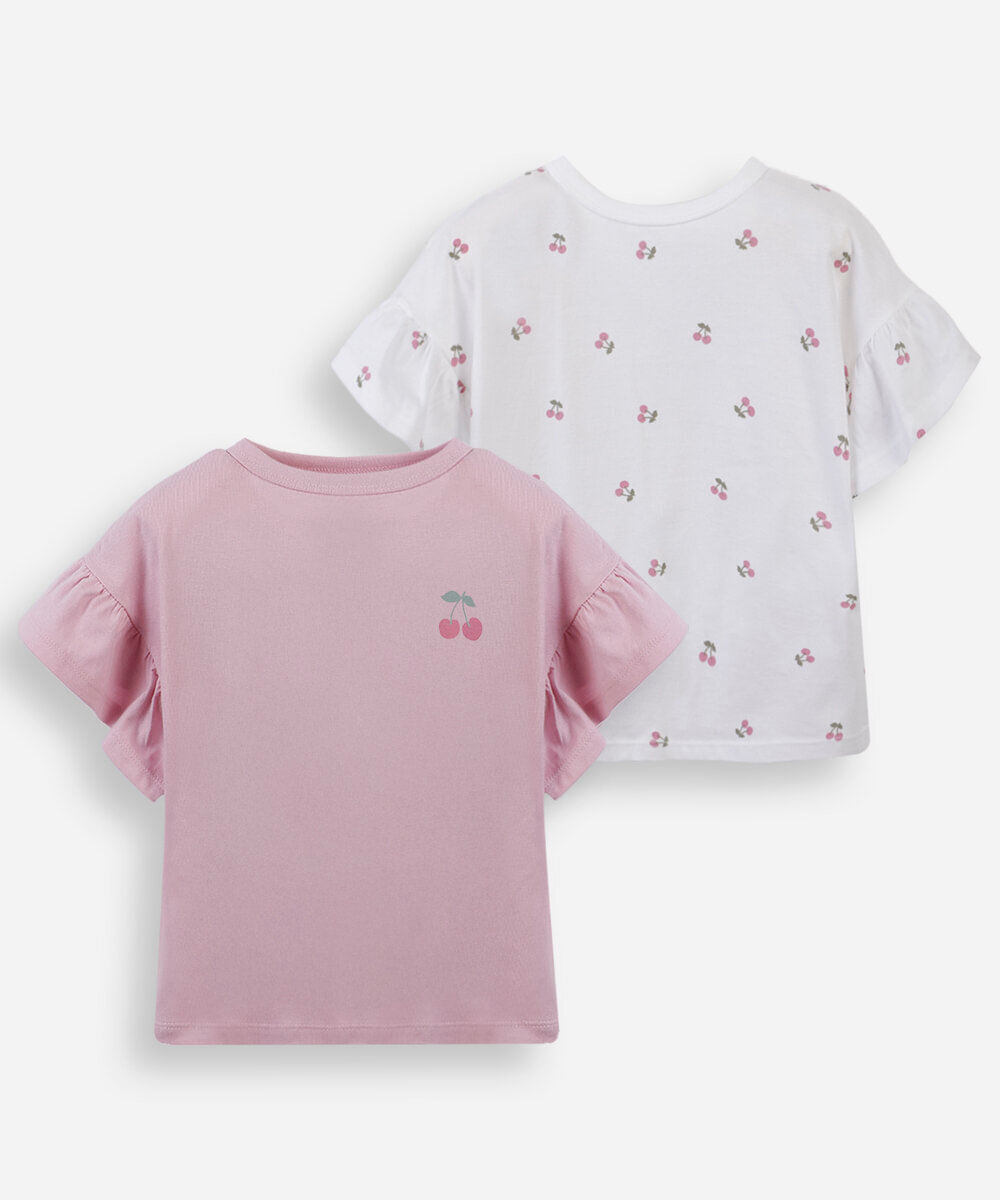 kit infantil de 2 blusas com babados cereja coloridas