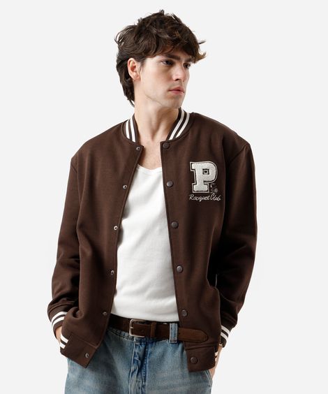 jaqueta bomber college masculina de moletom com bordado peanuts marrom