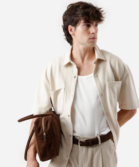 camisa manga curta com bolso bege