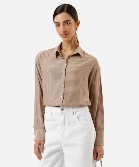 camisa feminina com linho manga longa listrada bege