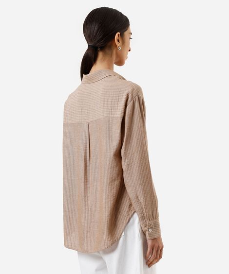 camisa feminina com linho manga longa listrada bege