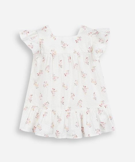 vestido midi infantil de algodão texturizado floral off white