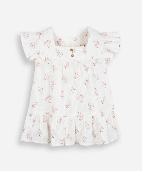 vestido midi infantil de algodão texturizado floral off white