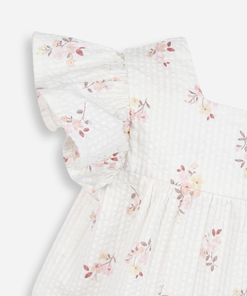 vestido midi infantil de algodão texturizado floral off white