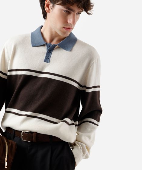 polo masculina de tricot manga longa listrada off white