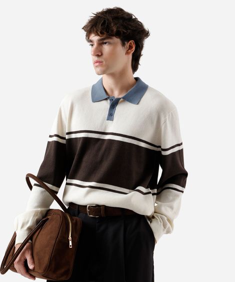 polo masculina de tricot manga longa listrada off white