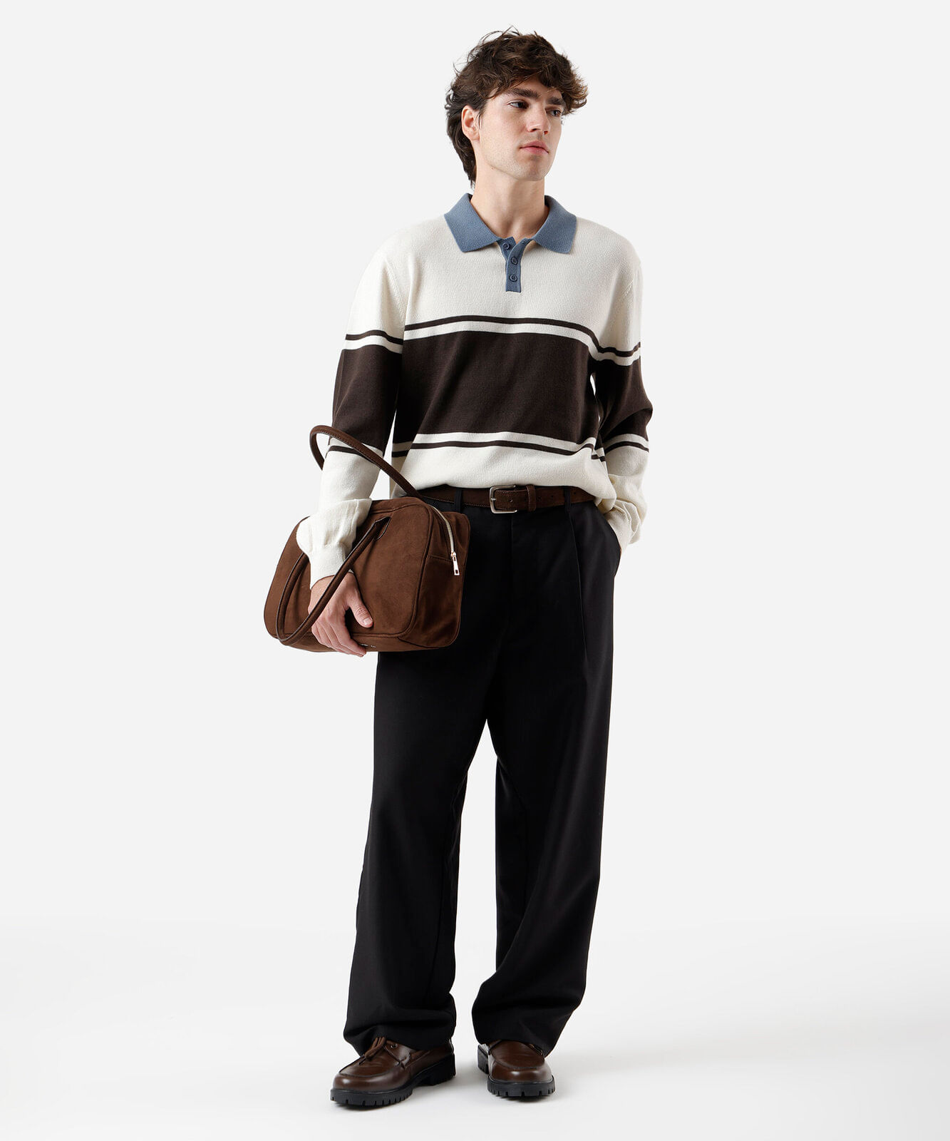 polo masculina de tricot manga longa listrada off white