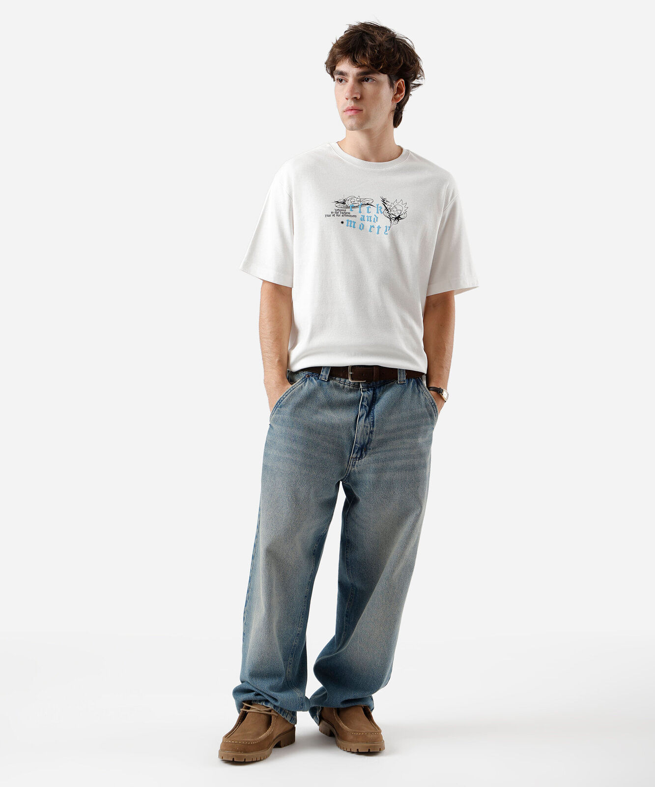 camiseta masculina com algodão rick and morty off white