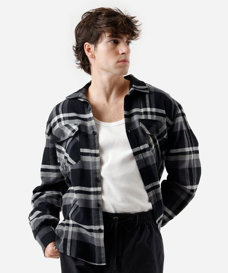 camisa masculina de algodão manga longa xadrez preta