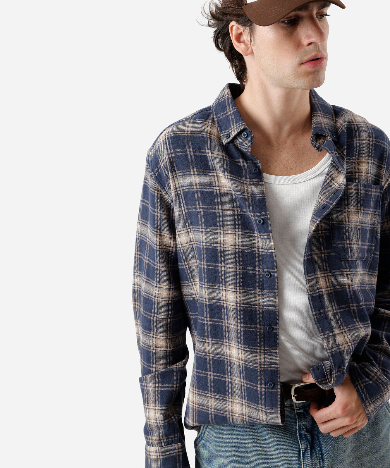 Camisa masculina de algodão manga longa xadrez azul