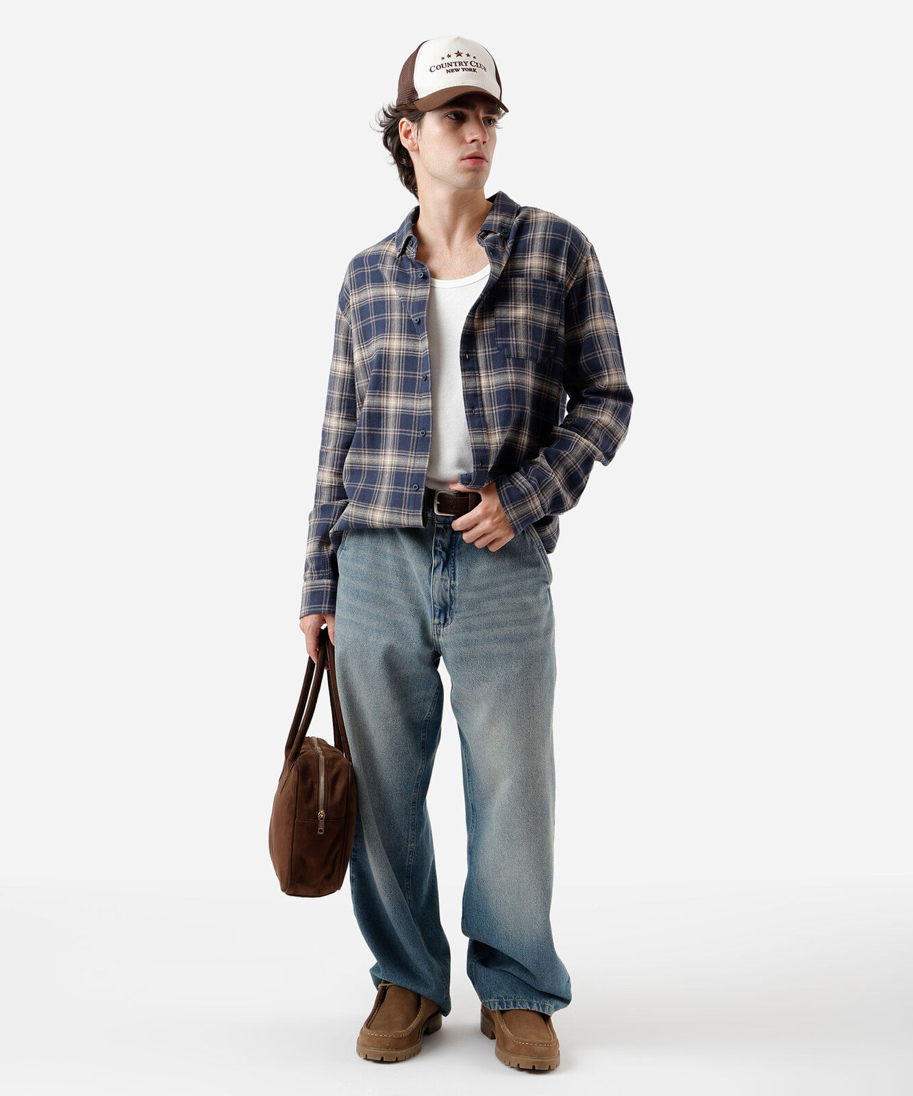 camisa masculina de algodão manga longa xadrez azul