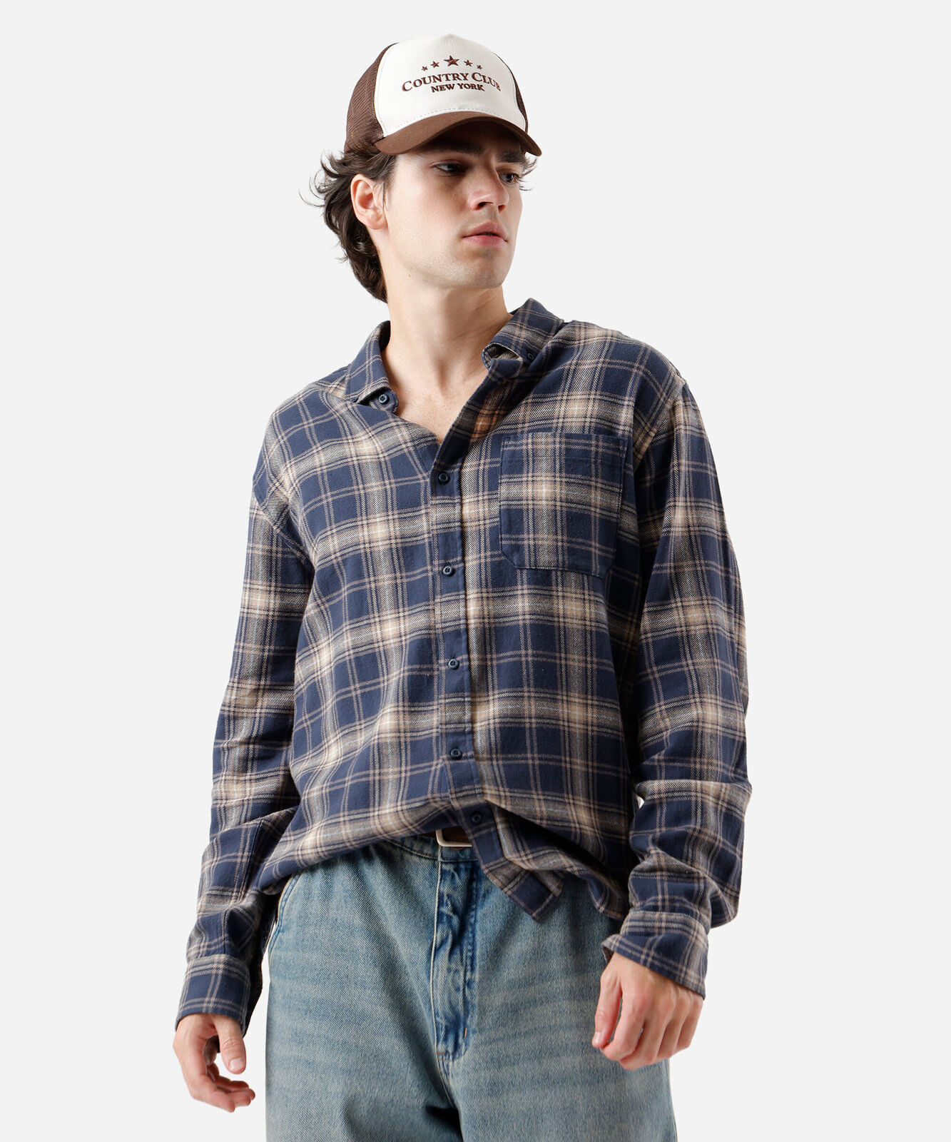 camisa masculina de algodão manga longa xadrez azul