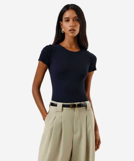 body básico feminino manga curta canelado azul