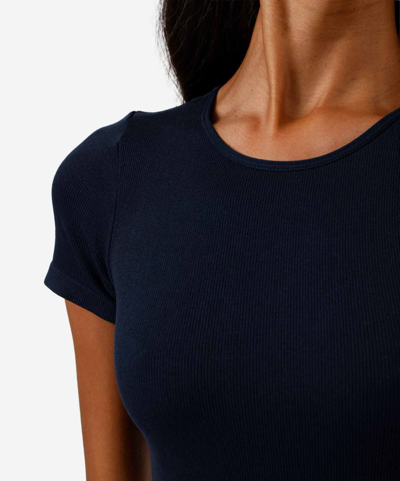 body básico feminino manga curta canelado azul