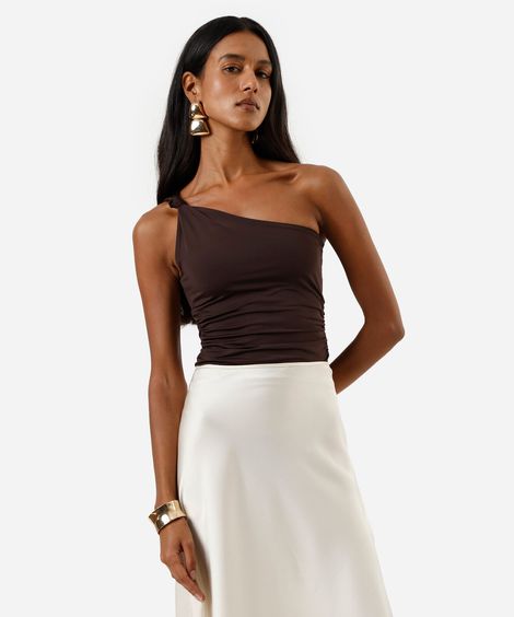 regata ombro único feminina franzida com nó na alça marrom